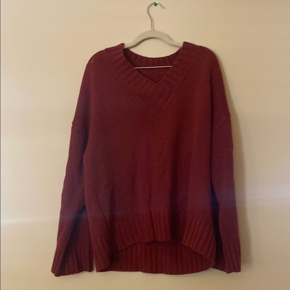 Red V-Neck Sweater with Ribbed Knit Texture